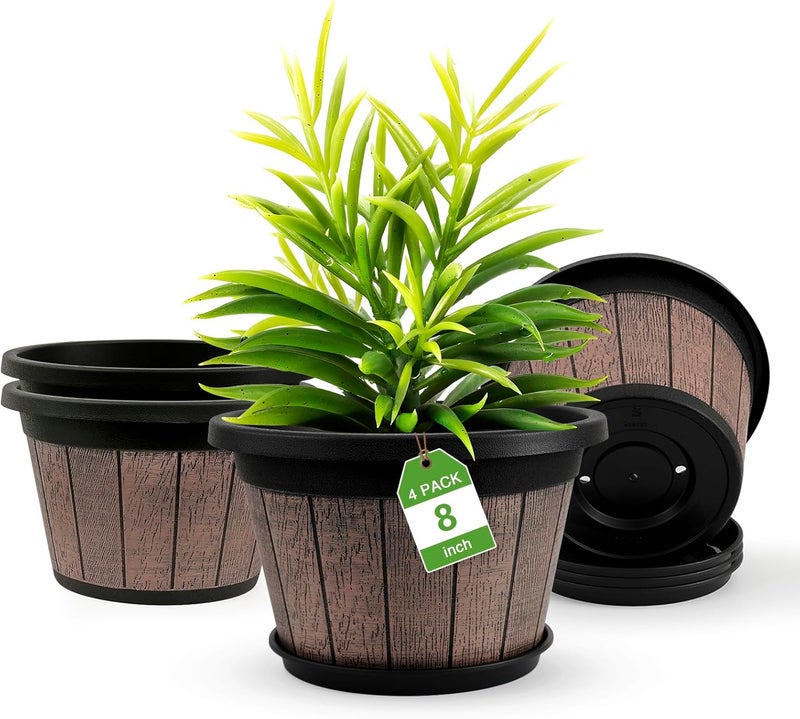 Quarut 4 Pack 8 inch Plant Pot,Upgrade Whiskey Barrel Planters with Drainage Holes & Saucer,Plastic Decoration Flower Pots Retro Design,Planters for Outdoor Indoor Garden Home Plants (Brown) - Image 1